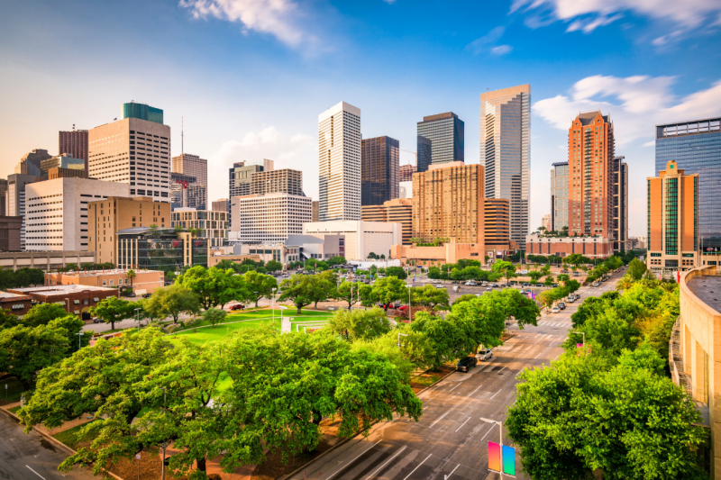 The Houston skyline on a bright sunny day