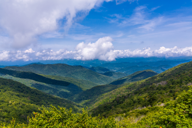 An aerial view of the Blue Ridge mountains on a sunny day